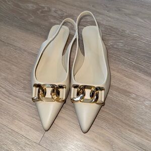 Billini Cream Pointed Slingback Flats with Gold Chain Detail